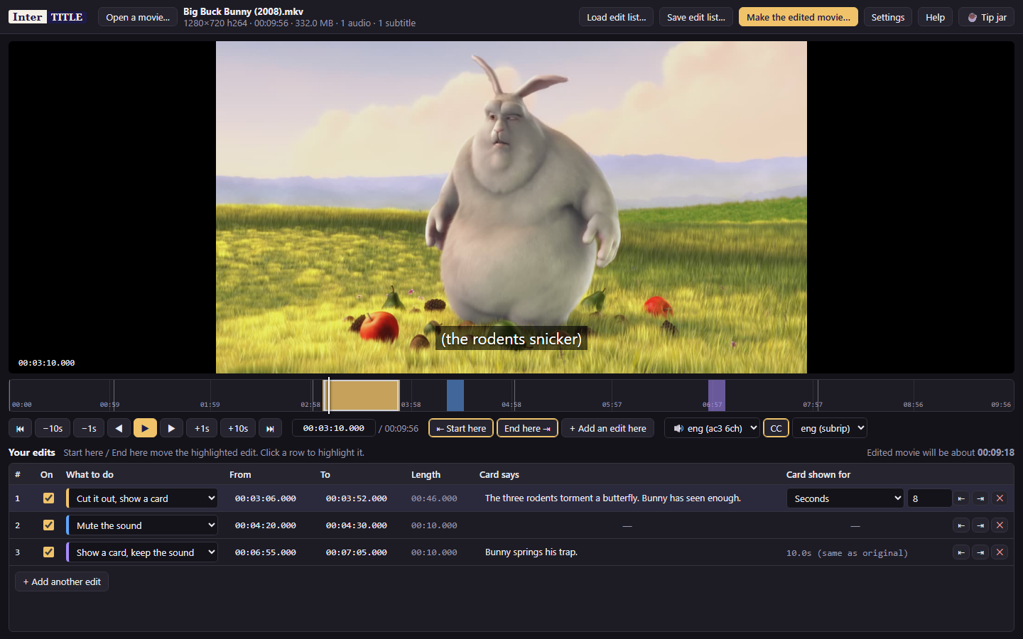 Intertitle with Big Buck Bunny open and three edits in the list